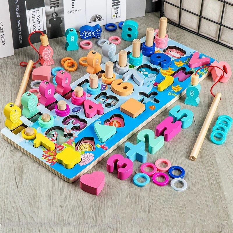 Kids Wooden Shape Puzzle Fishing Counting Game
