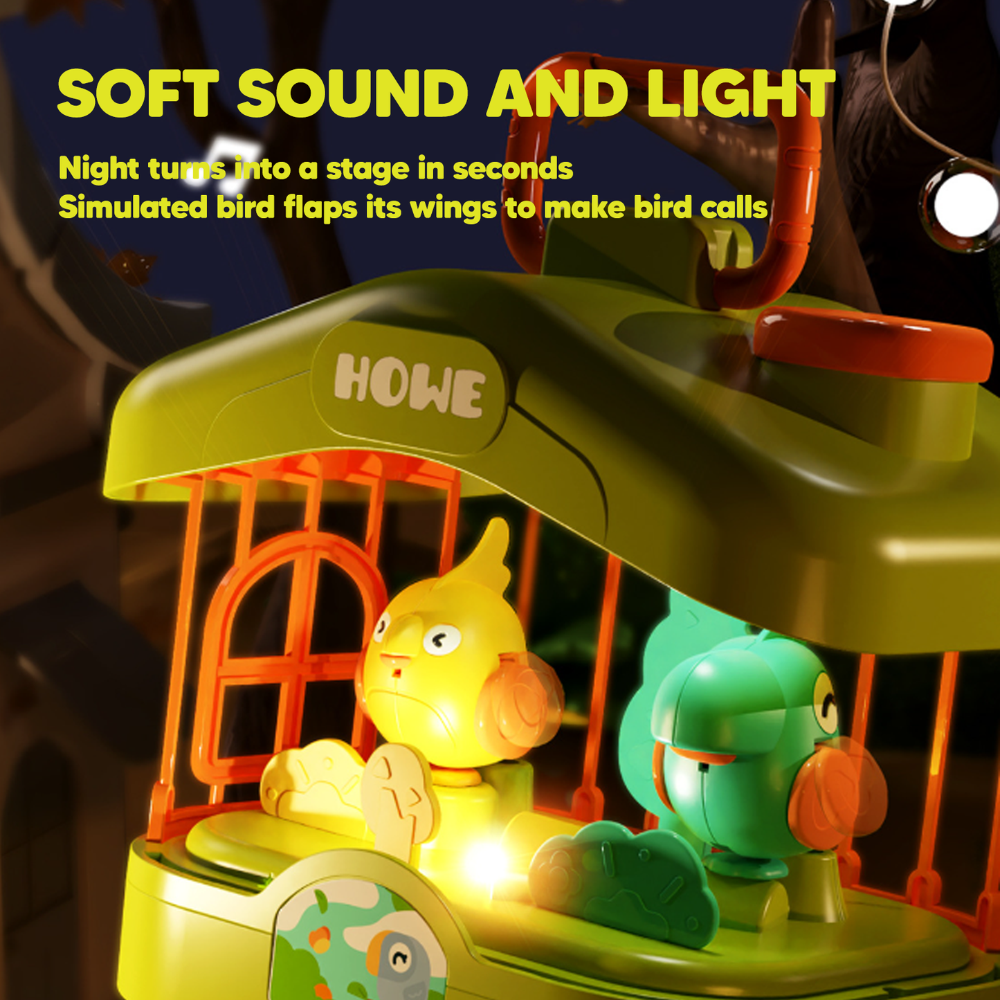 Toy stage with birds and text about soft sound and light features