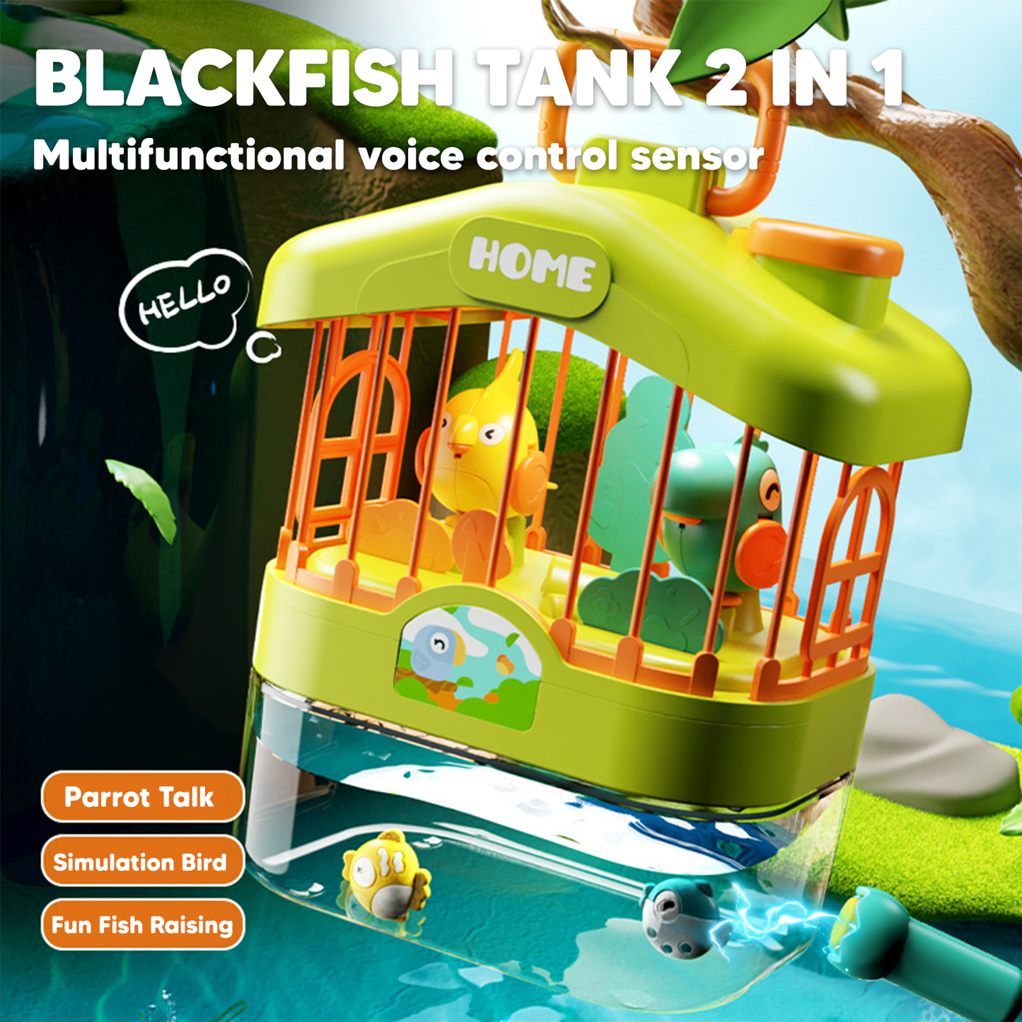 Toy blackfish tank with parrot and bird figures, featuring voice control sensor on a scenic background.
