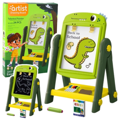 Children's drawing board with dinosaur design, packaging, and accessories on a white background