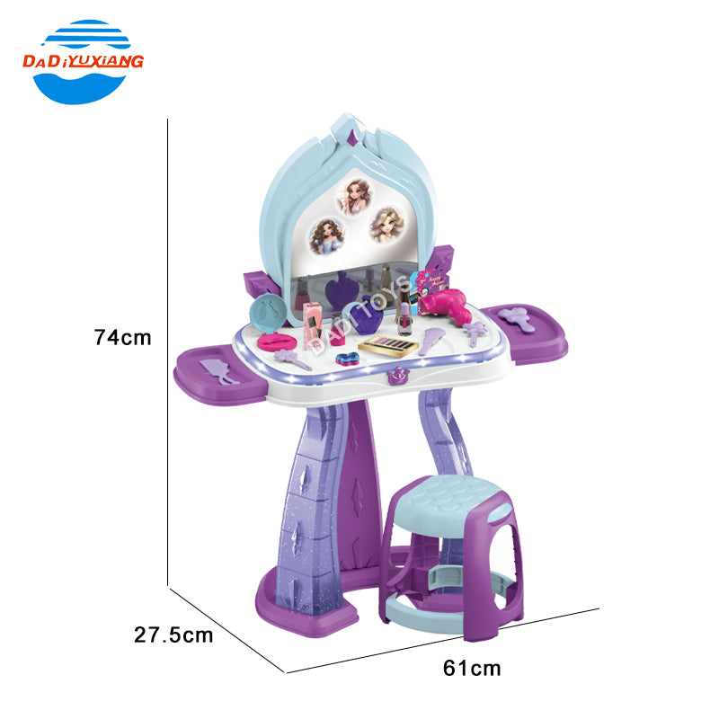 Children's toy vanity table with measurements on a white background