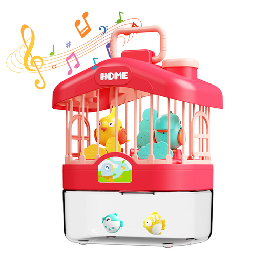 Colorful toy birdcage with birds and musical notes on a white background