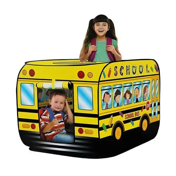 Yellow school bus-shaped play tent with children's faces on the windows, featuring a girl and boy inside.
