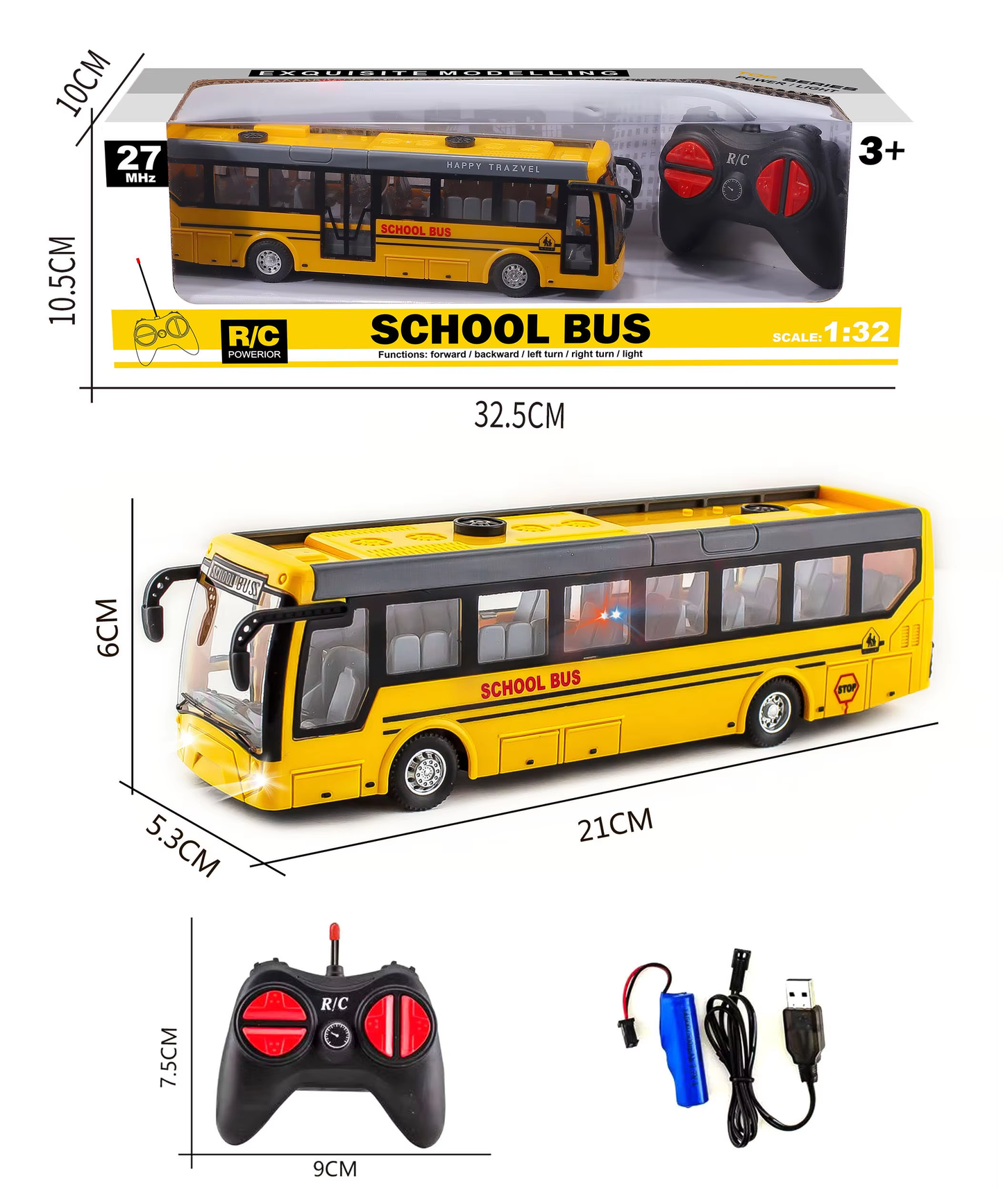 Toy school bus with remote control, dimensions, and accessories displayed.