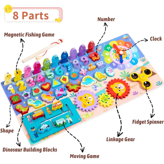 Colorful educational toy with various components labeled on a white background