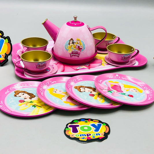 Children's toy tea set with princess design on a gray background