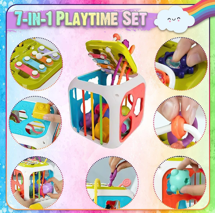 7-in-1 playtime set with colorful toy cube and various small toys on a vibrant background