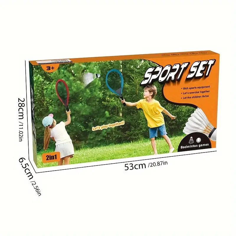 Box of a sports set with children playing badminton on the packaging.