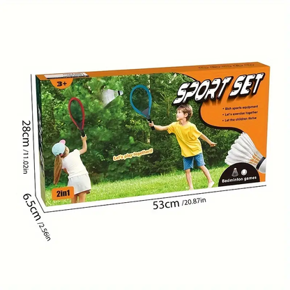 Box of a sports set with children playing badminton on the packaging.
