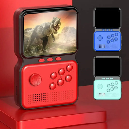 Red handheld gaming console with screen displaying a dinosaur, on a red background.