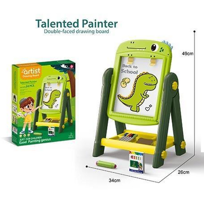 Double-faced drawing board with dinosaur design, packaging, and dimensions displayed.