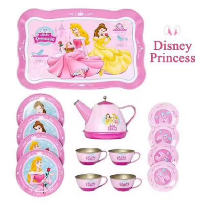 Disney Princess tea set with plates, cups, and teapot on a white background