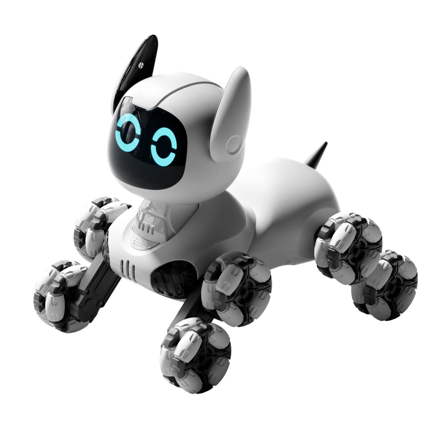 Toy robot dog with black and gray accents on a white background