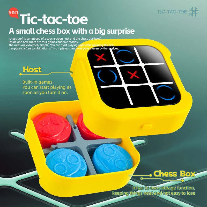 Yellow Tic-tac-toe and chess box with game pieces on a green background