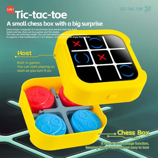 Yellow Tic-tac-toe and chess box with game pieces on a green background