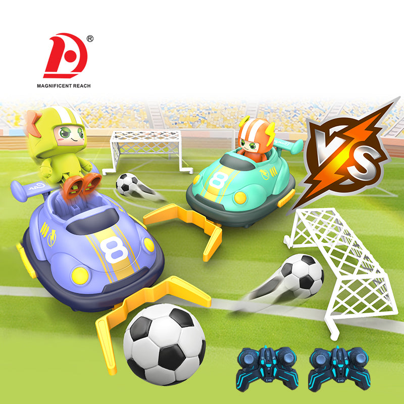 Toy cars on a soccer field with 'Magnificent Reach' logo
