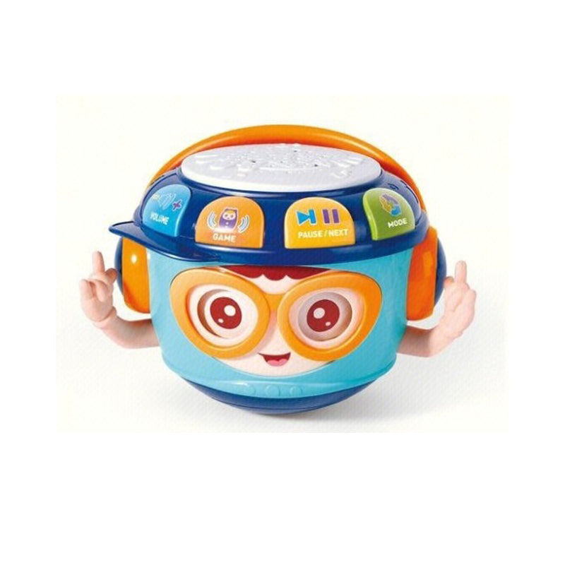 Colorful toy with a face and buttons on a white background
