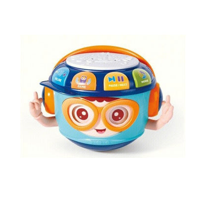 Colorful toy with a face and buttons on a white background