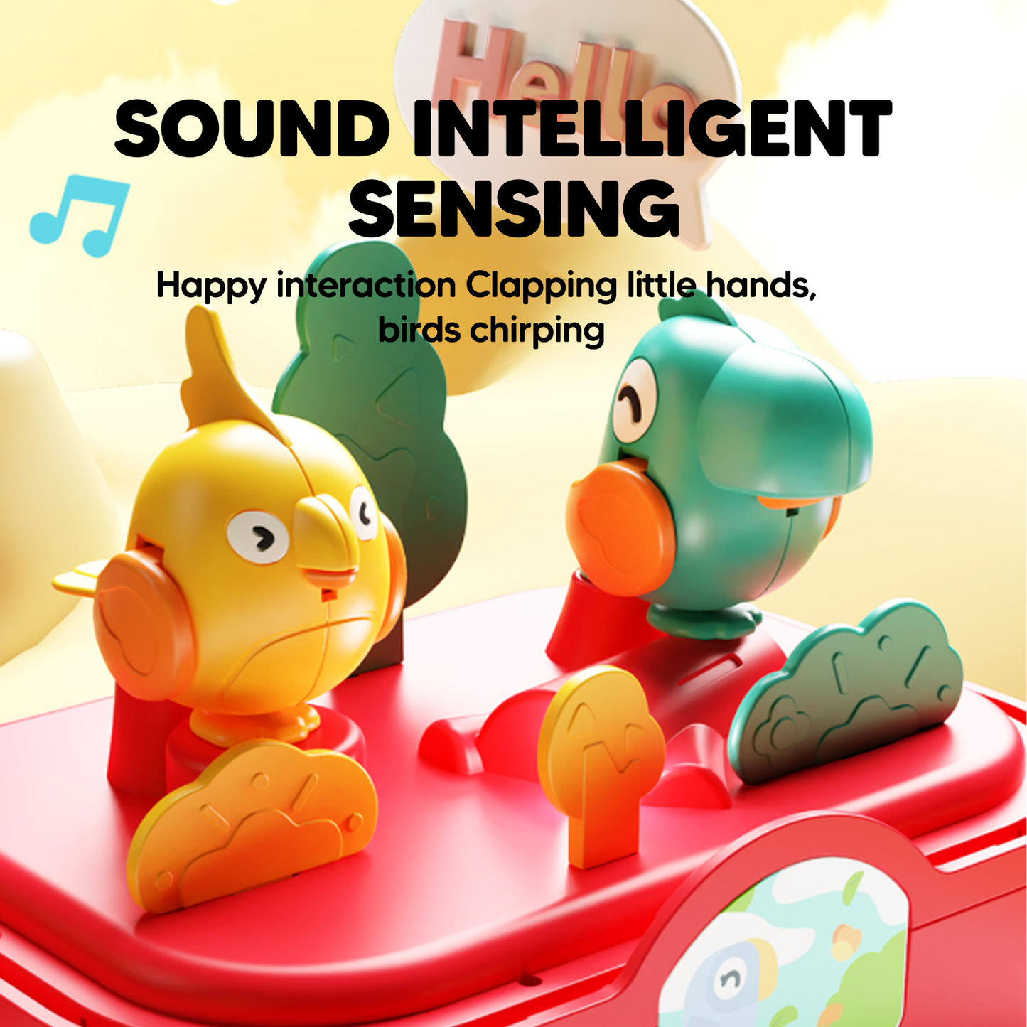 Toy set with two colorful characters on a red platform, featuring text about sound intelligent sensing.