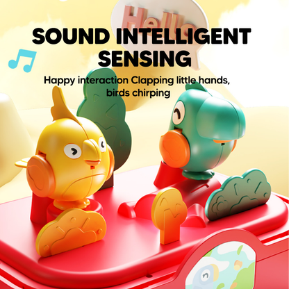 Toy set with two colorful characters on a red platform, featuring text about sound intelligent sensing.
