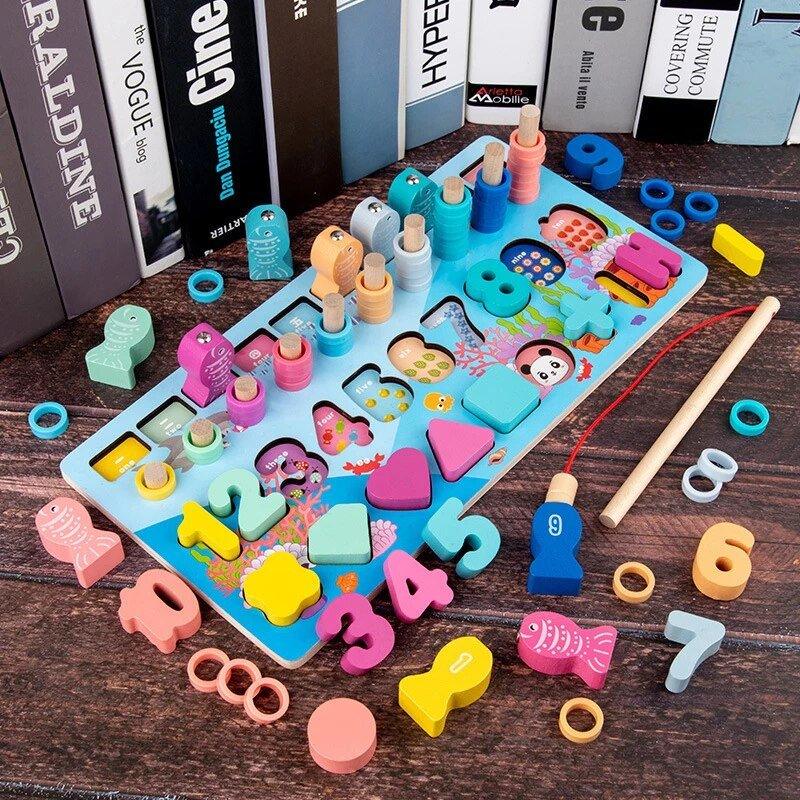 Kids Wooden Shape Puzzle Fishing Counting Game