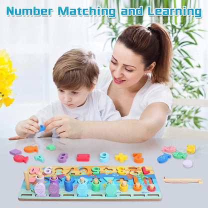 Kids Wooden Shape Puzzle Fishing Counting Game