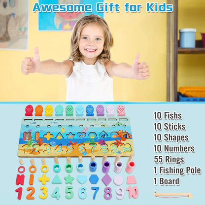 Kids Wooden Shape Puzzle Fishing Counting Game