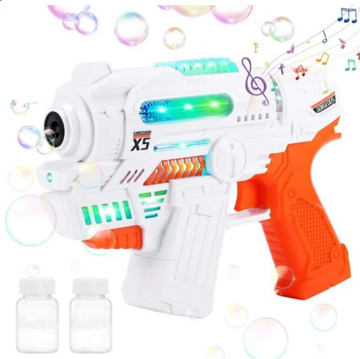 Bubble gun with colorful design and music notes, surrounded by bubbles on a white background.