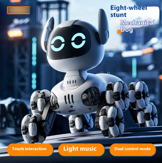 Robotic dog toy with glowing eyes on a cityscape background