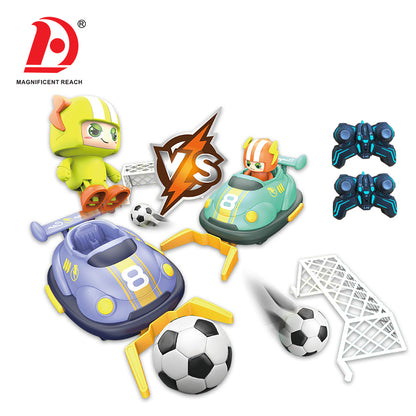Toy set with character figures, sports equipment, and 'VS' symbol on a white background.
