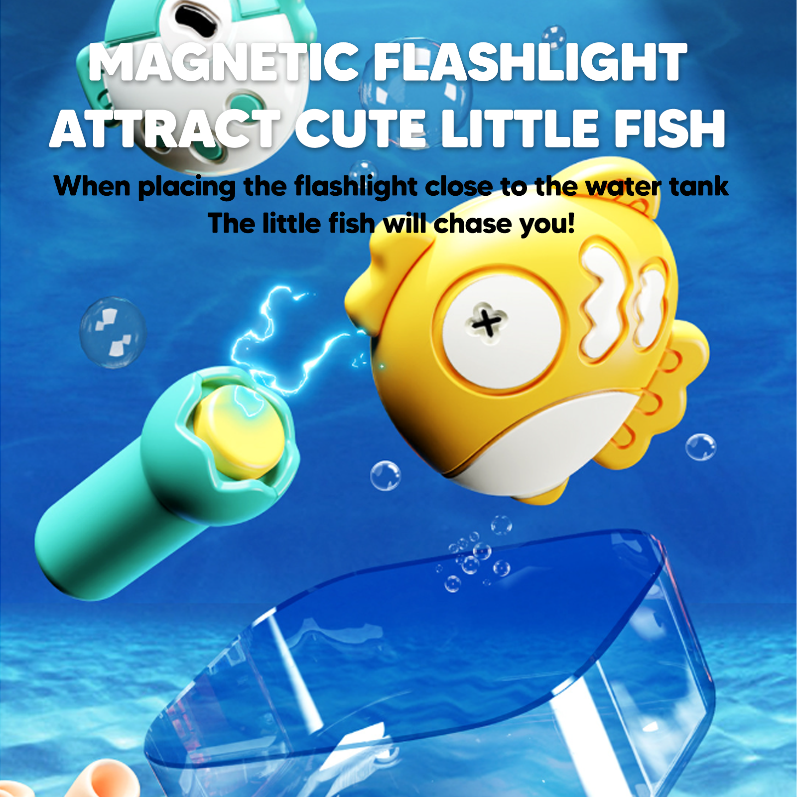 Toy flashlight and fish toy with text on a blue water background