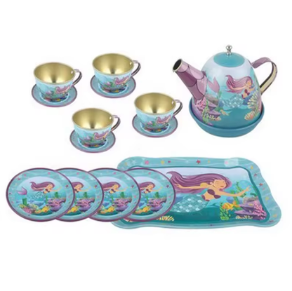 Mermaid-themed tea set with teapot, cups, and tray on a white background