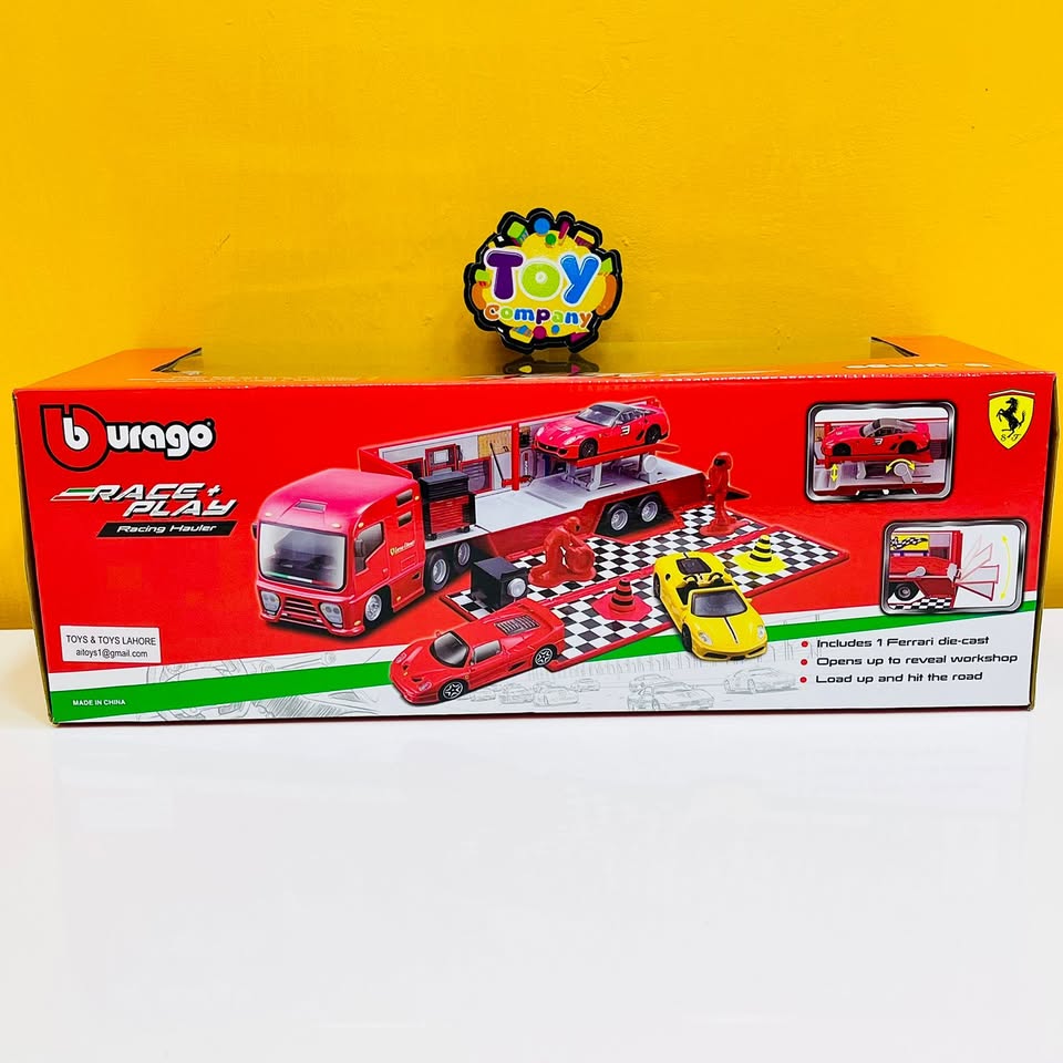 Bburago toy truck and car set packaging with a yellow background