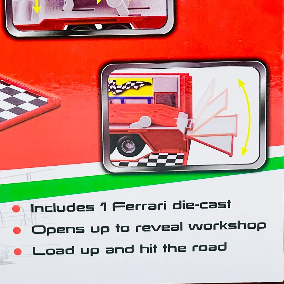 Product packaging for a Ferrari die-cast toy with an open door revealing a workshop inside.