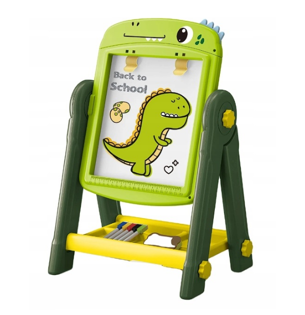 Children's drawing board with dinosaur illustration and 'Back to School' text on a white background