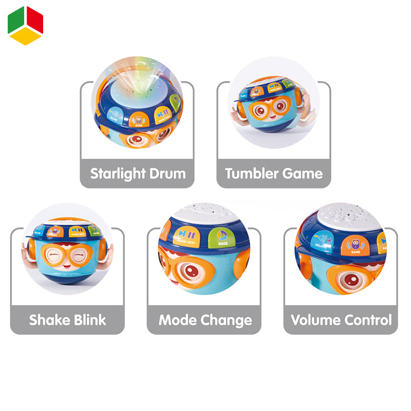 Colorful toy ball with various functions labeled on a white background