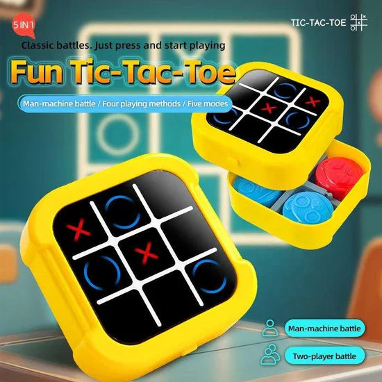 Yellow tic-tac-toe game with digital display on a blurred background