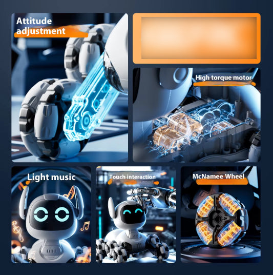 Collage of a robot with features highlighted, including attitude adjustment, high torque motor, light music, touch interaction, and McNamee wheel.