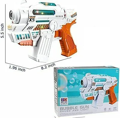Toy bubble gun with dimensions and packaging on a white background
