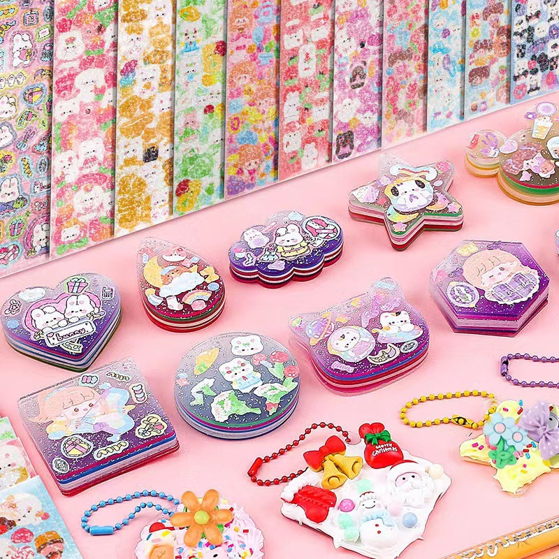 Colorful stationery items with cartoon designs on a pink background