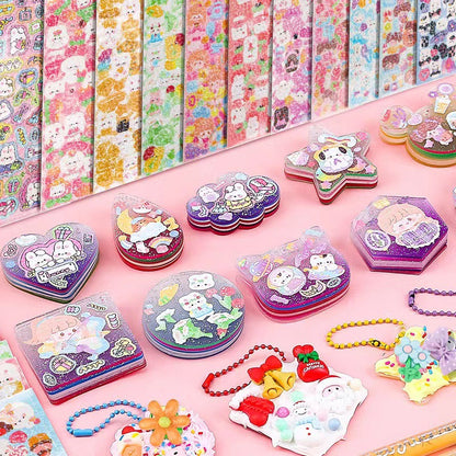 Colorful stationery items with cartoon designs on a pink background