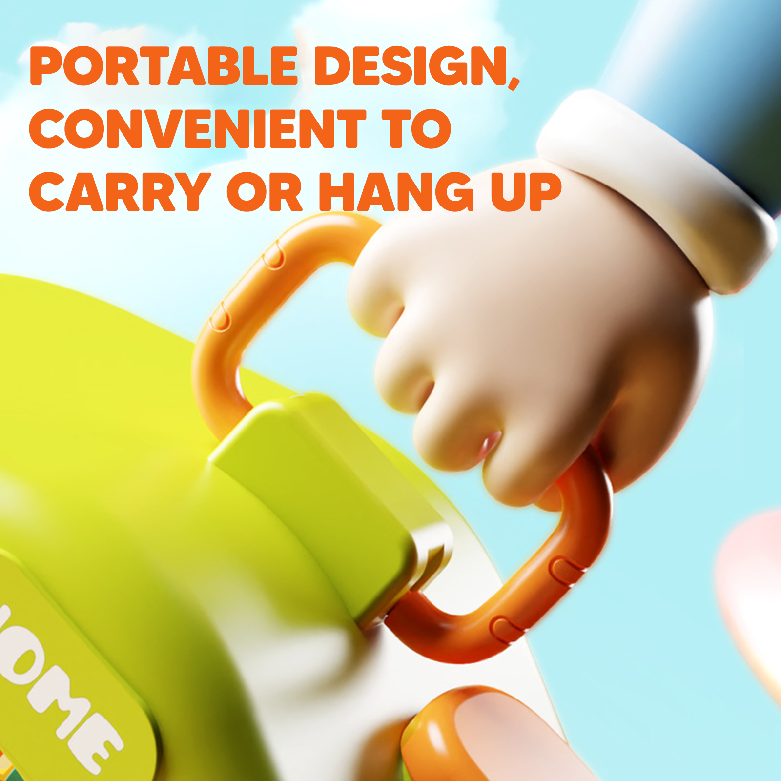 Toy hand holding a green and orange toy with text about its portable design.