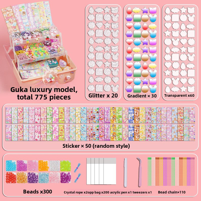 Guka luxury model set with various items including beads, stickers, and tools on a pink background.