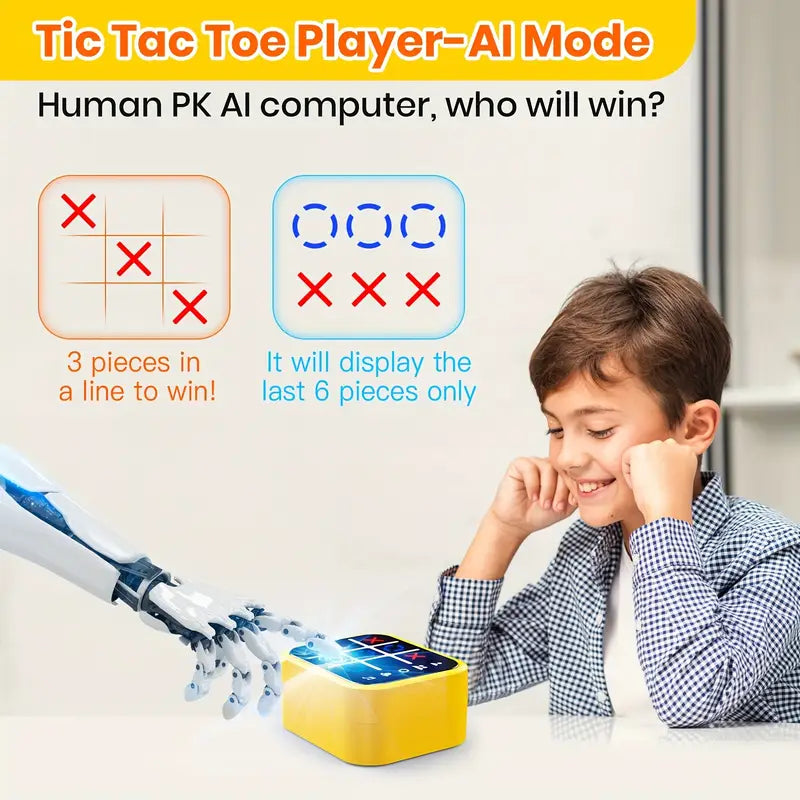 Child playing Tic Tac Toe with an AI mode, featuring a robot hand and digital display.
