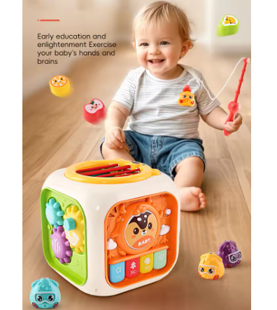 Child playing with a colorful educational toy on a wooden floor
