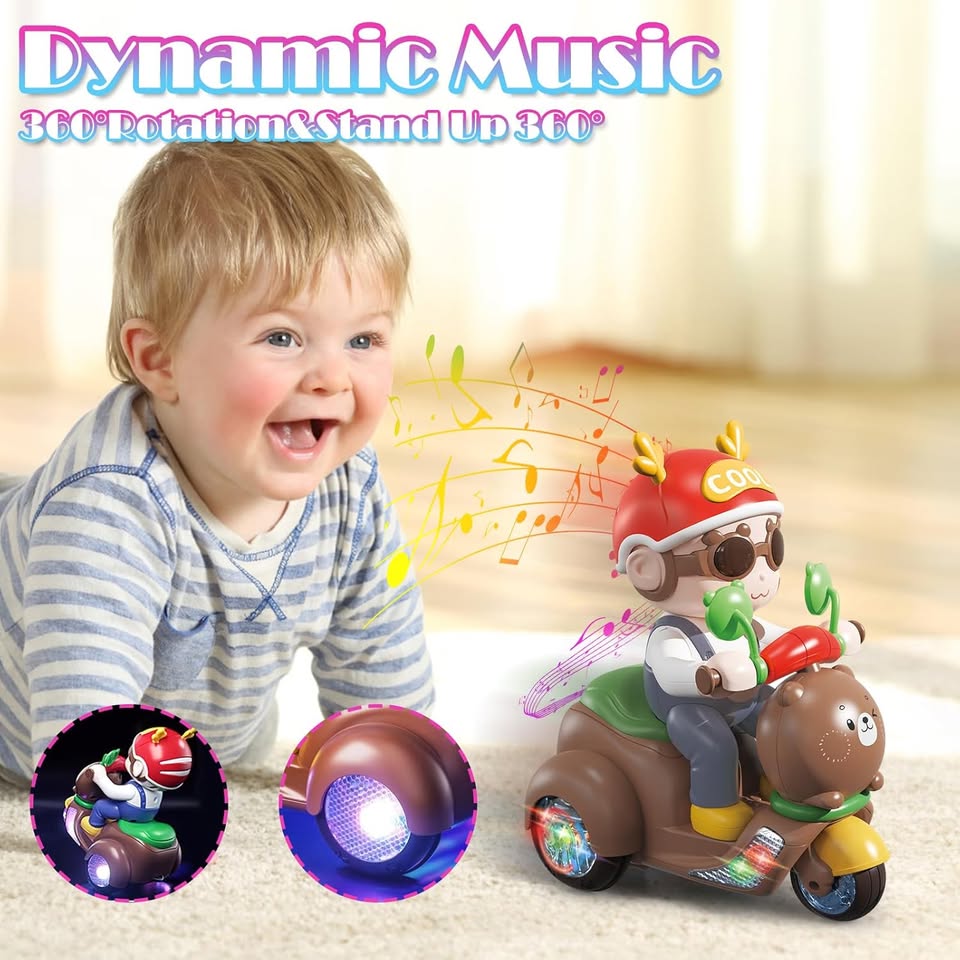 Child playing with a toy monkey on a scooter with dynamic music features.