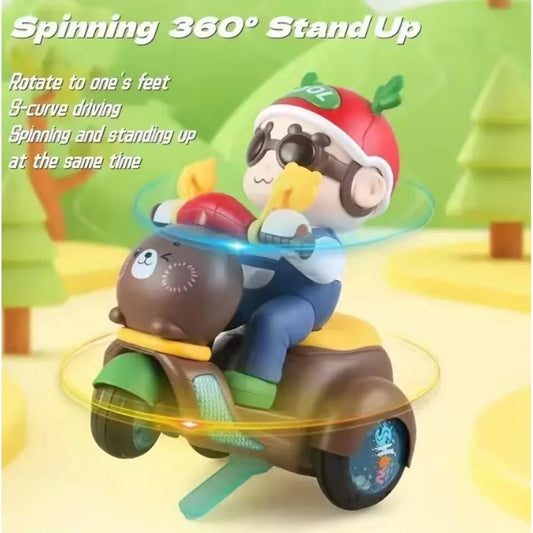 Toy figure of a character riding a scooter with text describing its features on a colorful background.