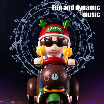 Toy figure with a red helmet labeled 'Cool' on a dark background with musical notes.