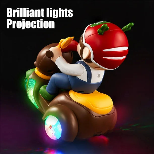 Toy figure with a tomato helmet riding a scooter, glowing lights on a dark background