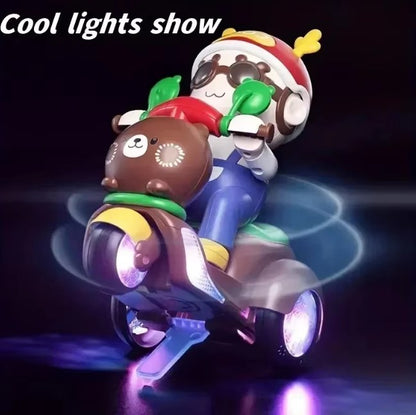 Toy figure of a character riding a motorcycle with glowing lights on a dark background.